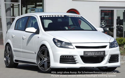 Opel Astra H Rieger Spoilerstoßstange mit großer Aussparung für SWRA mit Aussparung für Tagfahrleuchten, ABS, für Fzg. mit Scheinwerferreinigungsanlage, OPC und ohne OPC, 
inkl. Alugitter, Montagezubehör, ABE