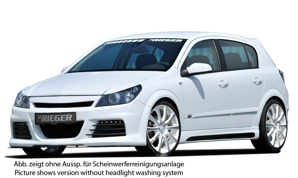 Opel Astra H Rieger Spoilerstoßstange mit großer Aussparung für SWRA mit Aussparung für Tagfahrleuchten, ABS, für Fzg. mit Scheinwerferreinigungsanlage, OPC und ohne OPC, 
inkl. Alugitter, Montagezubehör, ABE