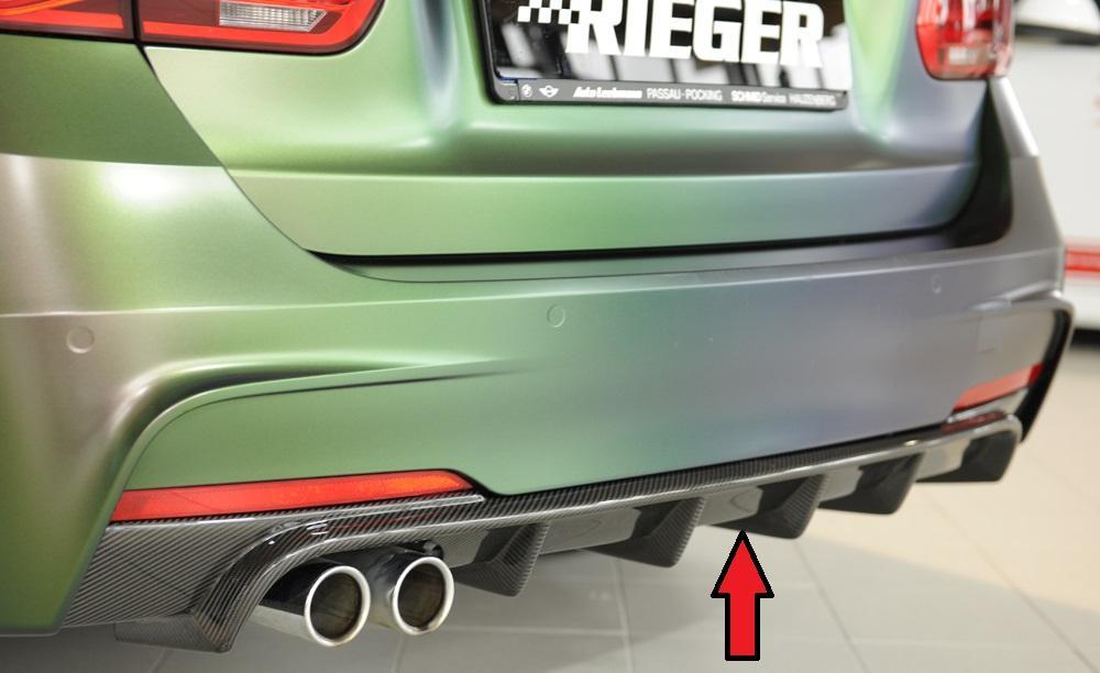 BMW 3er F30  (3L) Rieger Heckeinsatz Carbon nur für M-Paket-Heckschürze für orig. Doppelendrohr li, Carbon mit Klarlackfinish, für Fzg. mit M-Technik, 
inkl. Montagezubehör, Gutachten