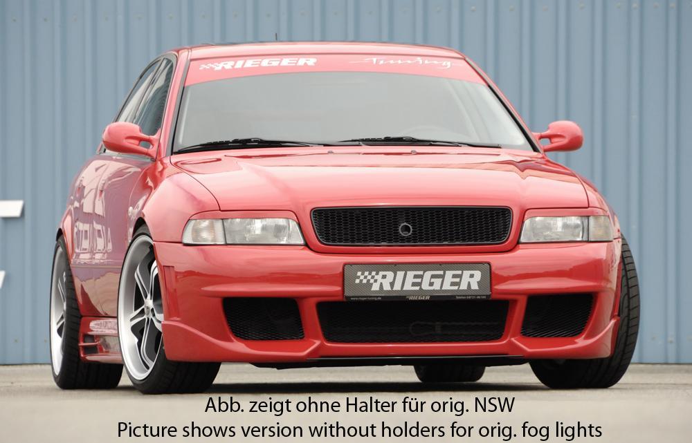 Audi A4 (B5) Rieger Spoilerstoßstange RS-Four-Look  mit kleiner Aussparung für Waschdüsen (48x40mm) mit Halter f. orig. NSW, ABS, für Fzg. mit Scheinwerferreinigungsanlage, 
inkl. Alugitter, Montagezubehör, ABE