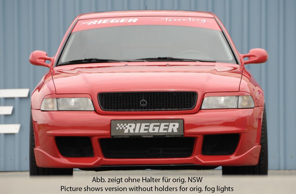 Audi A4 (B5) Rieger Spoilerstoßstange RS-Four-Look  mit kleiner Aussparung für Waschdüsen (48x40mm) mit Halter f. orig. NSW, ABS, für Fzg. mit Scheinwerferreinigungsanlage, 
inkl. Alugitter, Montagezubehör, ABE