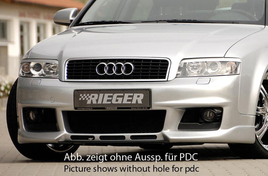 Audi A4 (8E) Typ B6 Rieger Spoilerstoßstange neues Design   mit 3 Lüftungsschlitzen mittig, ABS, für Fzg. mit Scheinwerferreinigungsanlage, Einparkhilfe (PDC), 
inkl. Alugitter, Montagezubehör, ABE