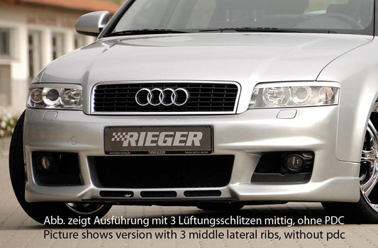 Audi A4 (8E) Typ B6 Rieger Spoilerstoßstange neues Design   ohne Lüftungsschlitze, ABS, für Fzg. mit Scheinwerferreinigungsanlage, Einparkhilfe (PDC), 
inkl. Alugitter, Montagezubehör, ABE
