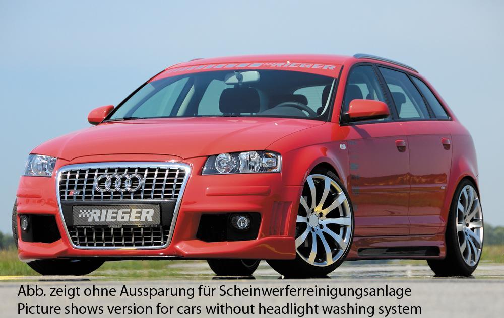 Audi A3 (8P) Rieger Spoilerstoßstange R-Frame  auch für A3 8P (3-tür.) Facelift 06.05-06.08 mit Halter f. orig. NSW, mit seitlichen Rippen, ABS, für Fzg. mit Scheinwerferreinigungsanlage, 
inkl. Alugitter, Montagezubehör, ABE