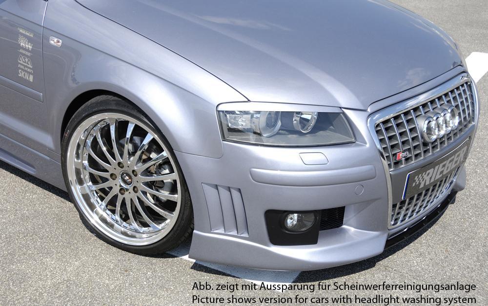 Audi A3 (8P) Rieger Spoilerstoßstange R-Frame  für Fzg. ohne serienmäßigen Single-Frame-Grill mit Halter f. orig. NSW, mit Abdeckkappen f. orig. NSW, mit seitlichen Rippen, ABS, 
inkl. Alugitter, Montagezubehör, ABE