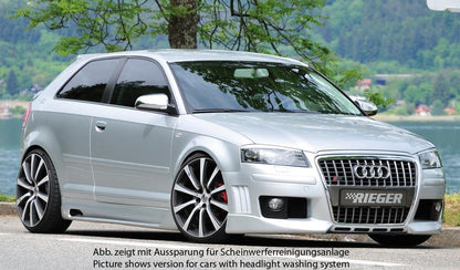 Audi A3 (8P) Rieger Spoilerstoßstange R-Frame  für Fzg. ohne serienmäßigen Single-Frame-Grill mit Halter f. orig. NSW, mit Abdeckkappen f. orig. NSW, mit seitlichen Rippen, ABS, 
inkl. Alugitter, Montagezubehör, ABE