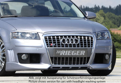 Audi A3 (8P) Rieger Spoilerstoßstange R-Frame  für Fzg. ohne serienmäßigen Single-Frame-Grill mit Halter f. orig. NSW, mit Abdeckkappen f. orig. NSW, mit seitlichen Rippen, ABS, 
inkl. Alugitter, Montagezubehör, ABE