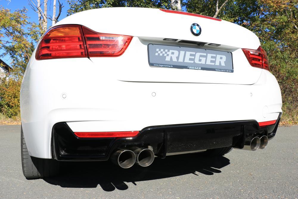 BMW 4er F32  (3C) Rieger Heckeinsatz nur für M-Paket-Heckschürze für Doppelendrohr li. u. re. (435i-/440i-Look), (4x80mm ø), ABS, schwarz glänzend, für Fzg. mit M-Technik, 
inkl. Montagezubehör, Gutachten