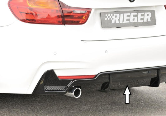 BMW 4er F32  (3C) Rieger Heckeinsatz nur für M-Paket-Heckschürze mit Gittereinsatz li./re., für orig. Endrohr li., ABS, schwarz glänzend, für Fzg. mit M-Technik, 
inkl. Alugitter, Montagezubehör, Gutachten