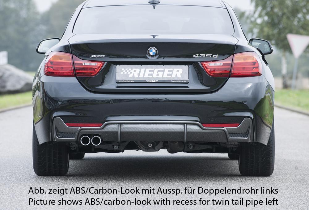 BMW 4er F32  (3C) Rieger Heckeinsatz nur für M-Paket-Heckschürze mit Gittereinsatz li./re., für orig. Endrohr li., ABS, schwarz glänzend, für Fzg. mit M-Technik, 
inkl. Alugitter, Montagezubehör, Gutachten