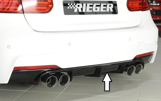 BMW 3er F30  (3L) Rieger Heckeinsatz nur für M-Paket-Heckschürze für Doppelendrohr li. u. re. (335i-/340i-Look), (4x90mm ø), ABS, schwarz glänzend, für Fzg. mit M-Technik, 
inkl. Montagezubehör, Gutachten