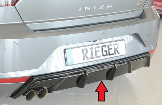 Seat Ibiza (KJ) Rieger Heckeinsatz mit Endrohraussparung für Sport-ESD links für Sportendrohr li., (2x76mm ø), ABS, schwarz glänzend, 
inkl. Montagezubehör, Gutachten