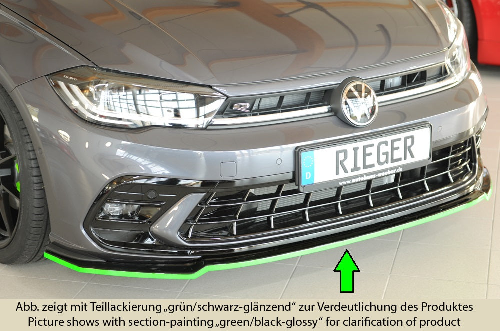 VW Polo (AW) R-Line Rieger Spoilerschwert für orig. Frontschürze, ABS,  schwarz glänzend, , inkl. Montagezubehör, ABE