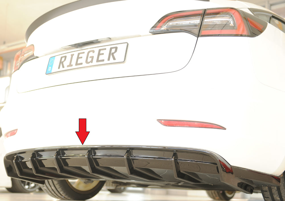 Tesla Model 3  (003) Rieger Heckeinsatz für orig. Heckschürze, ABS, schwarz glänzend, für Fzg. ohne Anhängekupplung, 
inkl...