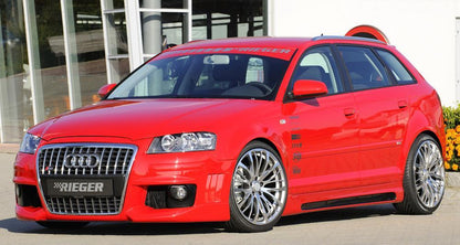 Audi A3 (8P) Rieger Seitenschweller  links, mit Schacht, mit Ausschnitt, ABS, Carbon-Look, 
inkl. Alugitter, Montagezubehör, ABE