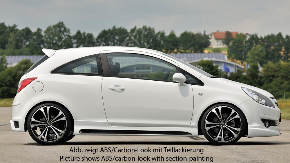 Opel Corsa D Rieger Seitenschweller  rechts, mit Schacht, mit Ausschnitt, ABS, Carbon-Look, 
inkl. Montagezubehör, Alugitter