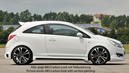 Opel Corsa D Rieger Seitenschweller  rechts, mit Schacht, mit Ausschnitt, ABS, Carbon-Look, 
inkl. Montagezubehör, Alugitter