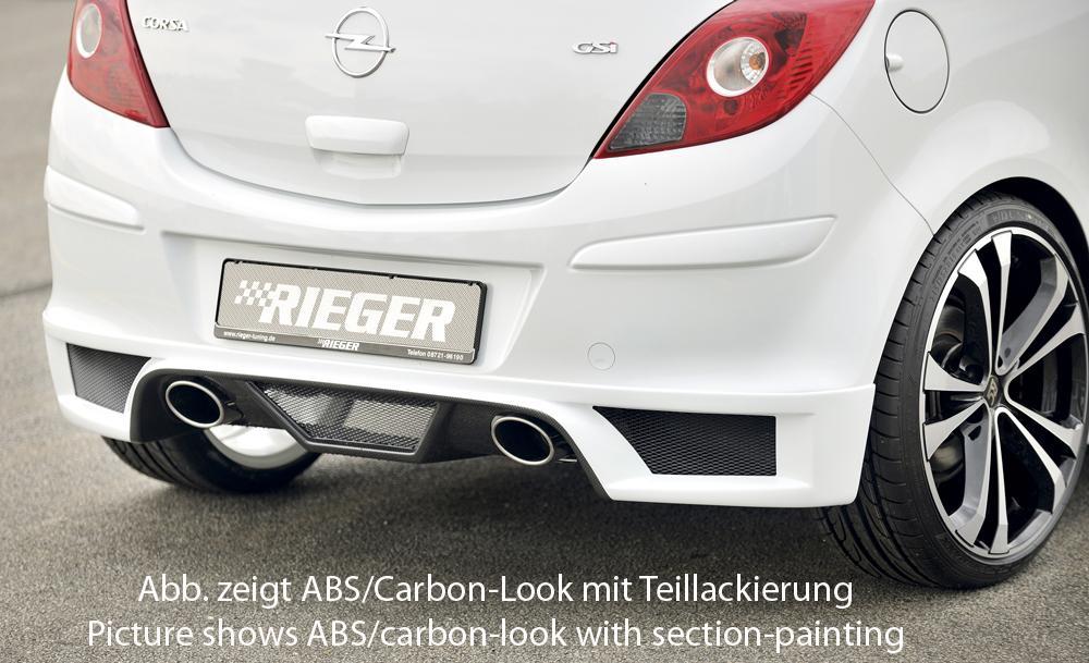 Opel Corsa D Rieger Heckschürzenansatz  für Endrohr li. u. re., ABS, Carbon-Look, 
inkl. Montagezubehör, Alugitter