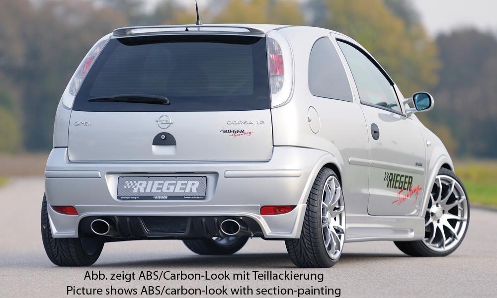 Opel Corsa C Rieger Heckschürzenansatz für Faceliftmodelle! für Endrohr li. u. re., ABS, Carbon-Look, 
inkl. ABE, Alugitter, Montagezubehör, Gutachten