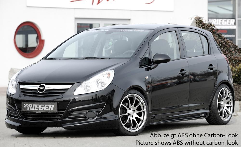 Opel Corsa D Rieger Seitenschweller  links, mit Schacht, mit Ausschnitt, ABS, Carbon-Look, 
inkl. Alugitter, Montagezubehör, Gutachten