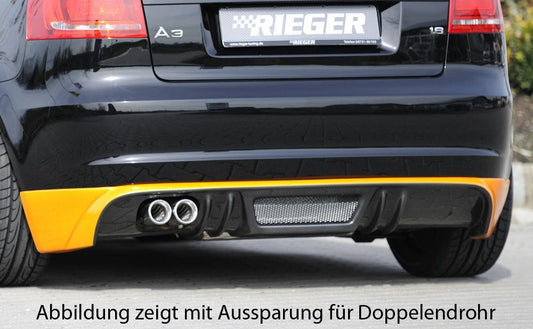 Audi A3 (8P) Rieger Heckschürzenansatz  für orig. Endrohr li., ABS, Carbon-Look, für Fzg. mit S-Line Exterieur und ohne S-Line Exterieur, 
inkl. Montagezubehör, Alugitter, Gutachten