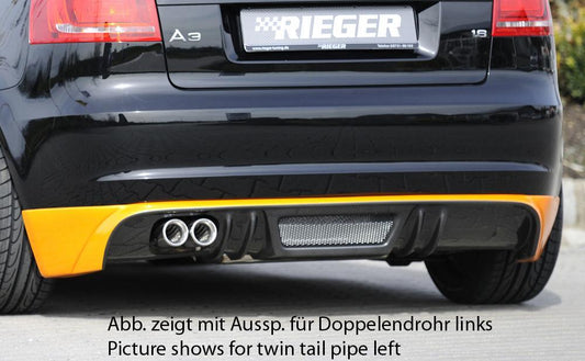 Audi A3 (8P) Rieger Heckschürzenansatz  für Doppelendrohr li. u. re., ABS, Carbon-Look, für Fzg. mit S-Line Exterieur und ohne S-Line Exterieur, 
inkl. Alugitter, Montagezubehör, Gutachten