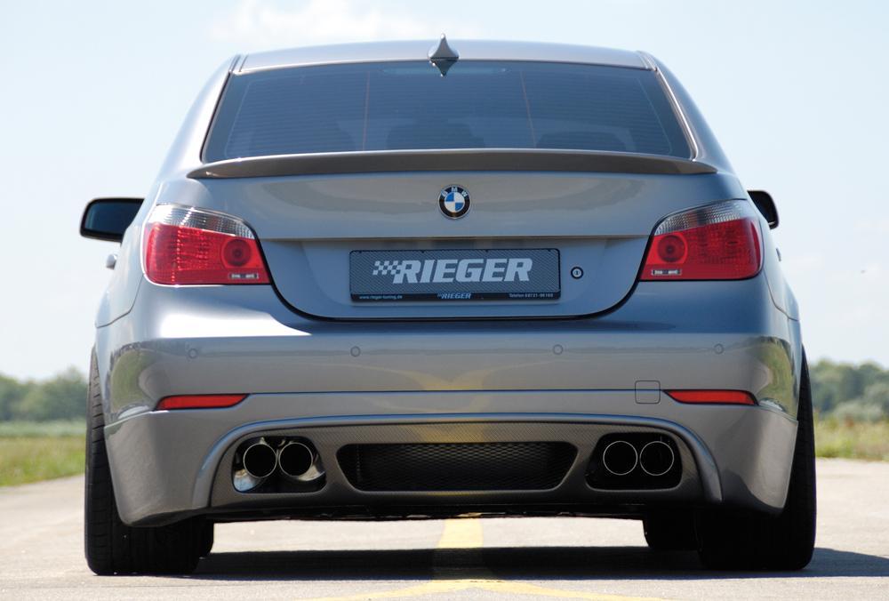 BMW 5er E60 Rieger ESD li/re 4x76mm, Typ10, BMW E60 520i/525i/ 530i, (2.2l 125kW  2.5l 141kW  3.0l 170/190/200kW) links, rechts, 4x76mm, seitl. versetzt, mit Prägung, für RIEGER-Heckansatz, Edelstahl, 
inkl. Montagezubehör, Gutachten