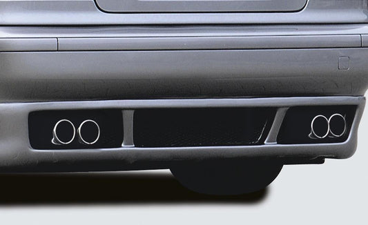 BMW 5er E39 Rieger ESD, seitl. versetzt, mit Prägung, Typ 12 für 5er BMW E39  520i/523i/525i/528i/530i seitl. versetzt, mit Prägung, für RIEGER-Heckansatz, 4x76mm, Edelstahl, 
Gutachten