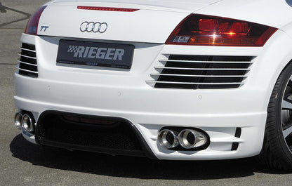 Audi TT (8J) Rieger ESD Audi TT (8J), nur 3,2 V6 184kW Typ 17, li./re. je Seite 2x100mm links, rechts, seitl. versetzt, mit Absorber, 2x100mm, für RIEGER-Heckansatz, 
Edelstahl, Inklusive Montagematerial, Gutachten,