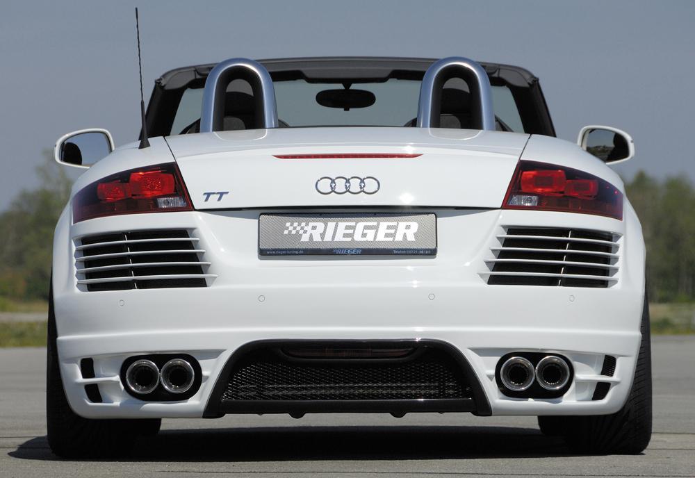 Audi TT (8J) Rieger ESD Audi TT (8J), nur 3,2 V6 184kW Typ 17, li./re. je Seite 2x100mm links, rechts, seitl. versetzt, mit Absorber, 2x100mm, für RIEGER-Heckansatz, 
Edelstahl, Inklusive Montagematerial, Gutachten,