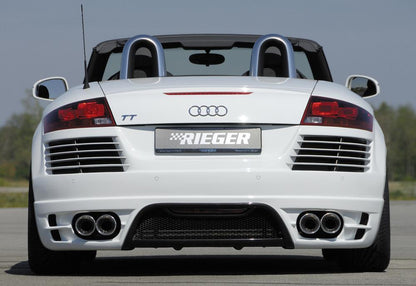Audi TT (8J) Rieger ESD Audi TT (8J), nur 3,2 V6 184kW Typ 17, li./re. je Seite 2x100mm links, rechts, seitl. versetzt, mit Absorber, 2x100mm, für RIEGER-Heckansatz, 
Edelstahl, Inklusive Montagematerial, Gutachten,