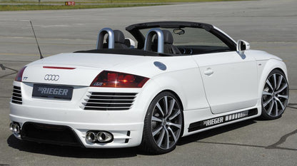 Audi TT (8J) Rieger ESD Audi TT (8J), nur 3,2 V6 184kW Typ 17, li./re. je Seite 2x100mm links, rechts, seitl. versetzt, mit Absorber, 2x100mm, für RIEGER-Heckansatz, 
Edelstahl, Inklusive Montagematerial, Gutachten,
