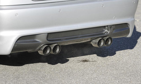 BMW 3er E46 Rieger ESD, M3-Optik 4x90mm mittig Typ 14, BMW E46 320/325/330  2.2l 125kW  2.5l 141kW  3.0l 170kW 4x90mm, mittig, für RIEGER Heckansatz u. -einsatz, Edelstahl, 
inkl. Gutachten