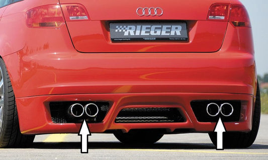 Audi A3 (8P) Rieger ESD, Typ 16, A3 (8P) Sportback 1,6l 75/85kW 2.0l 110kW 1.9l TDI 74/77kW 2.0l TDI 103kW rechts, links, seitl. versetzt, 4x90mm, für RIEGER-Heckansatz, Edelstahl, 
inkl. Gutachten