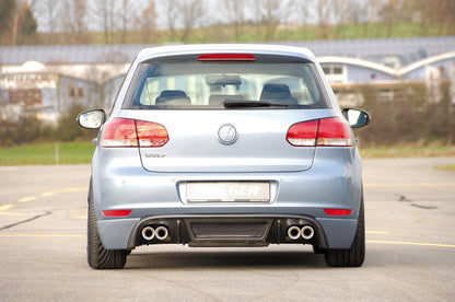 VW Golf 6 Rieger ESD VW Golf 6, 2.0l FSI Turbo 155kW li./re., 4x80mm, Typ14, 15° schräg 4x80mm, links, rechts, seitl. versetzt, ohne Siebrohr, für RIEGER-Heckansatz, schräg, Edelstahl, 
Gutachten