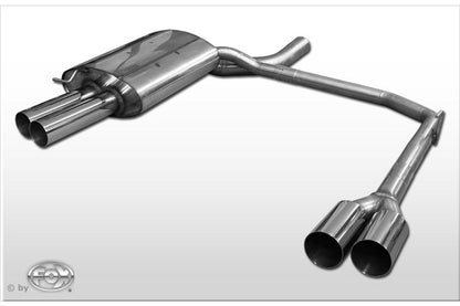 BMW 5er E60 Rieger ESD, li/re 4x90mm Typ 10, BMW E60/E61 nur 535d 200/210kW für RIEGER-Heckansatz, mit Prägung, rechts, links, seitl. versetzt, 4x90mm, Edelstahl, 
inkl. Montagezubehör, Gutachten