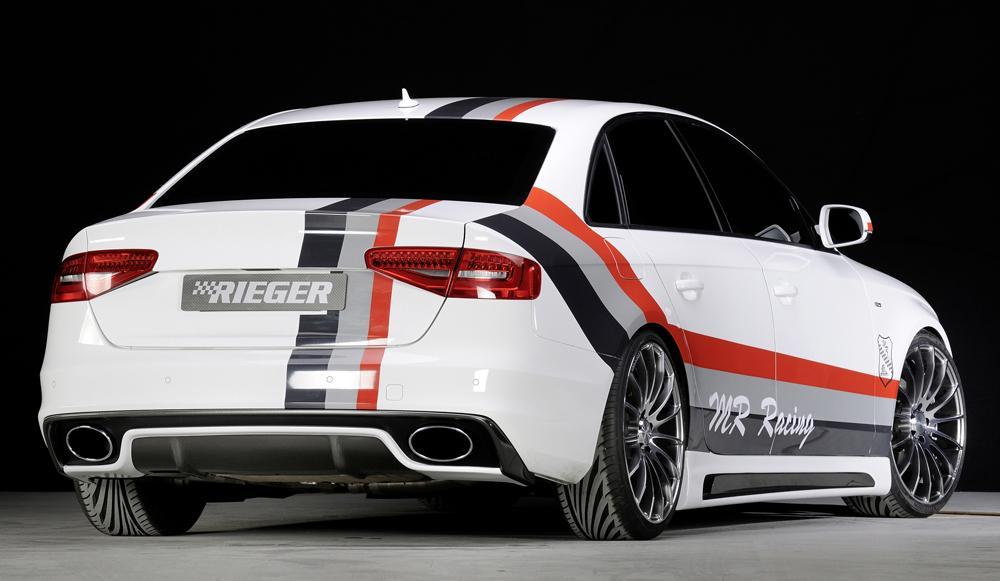 Audi A4 (B8/B81) Rieger ESD Audi A4/A5 (B8) 4Zyl.  ø 66mm Anflutung 1,8l TFSI 130 kW  2,0l TFSI 132/155/165kW  2WD+4WD links, rechts, mit Y-Adapter, für RIEGER-Heckeinsatz RS5-Look, Edelstahl, 
inkl. Montagezubehör, Gutachten