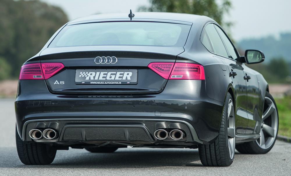 Audi A5 (B8/B81) Rieger ESD links/rechts, Audi A5 (B8) Sportback 2.0 TFSI 132/155 kW 2.7 TDI 140kW  3.0 TDI 176kW 4x115x85mm, für RIEGER-Heckansatz, für RIEGER-Heckeinsatz, links, rechts, Edelstahl, 
inkl. Montagezubehör, Gutachten