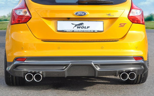 Ford Focus 3 ST Wolf Auspuffanlage ab Turbo m. Doppelendrohr li/re 4x90mm, Ford Focus 3 ST, 2,0i Eco-Boost 184kW links, rechts, (4x90mm ø), Edelstahl, 
inkl. Montagezubehör, Gutachten