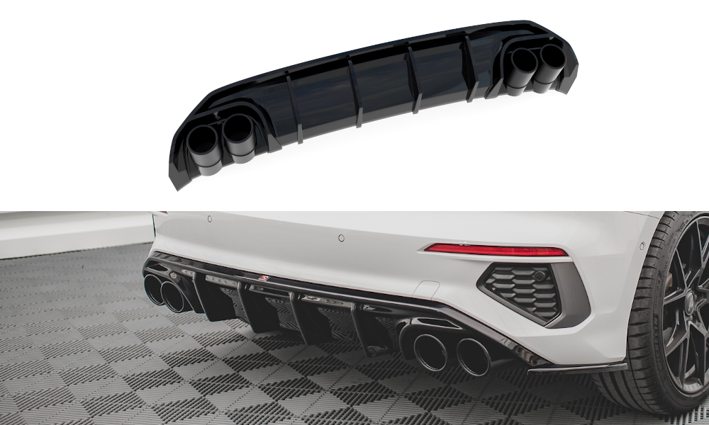 Diffusor Heck Ansatz für + Endschalldampfer Sportauspuff Attrappe Audi A3 S-Line Sportback 8Y