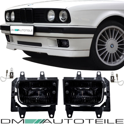 2x Nebelscheinwerfer Schwarz Echtglas +Set H3 passt für BMW E30 Facelift ab 1987