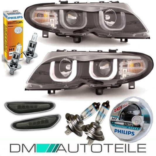 FACELIFT Scheinwerfer Schwarz Set 3U LED Angel Eyes + Blinker passt für BMW 3er E46 01-05 Limousine Touring