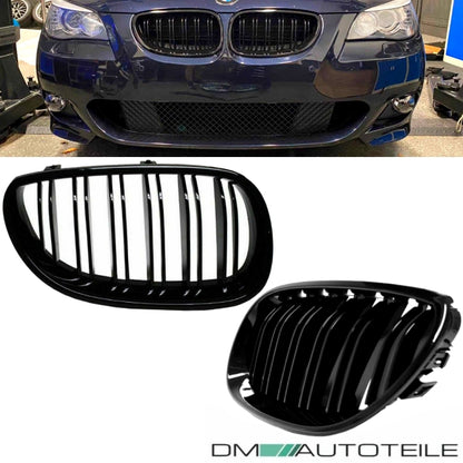 SET Kühlergrill Schwarz Hochglanz Doppelsteg passend für BMW 5er E60 E61 + M M5