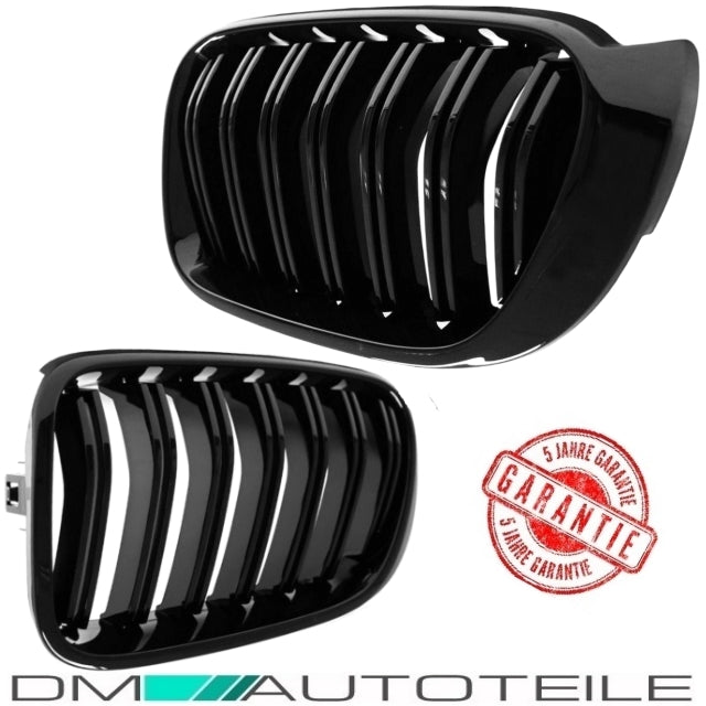 Set Doppelsteg Kühlergrill Front Grill schwarz Glanz lackiert passt für BMW X3 F25 X4 F26 bj 14-18