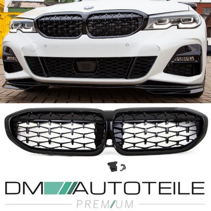 Set Diamant Wabengrill Kühlergril Schwarz Glanz Sport passt für BMW 3er G20 G21