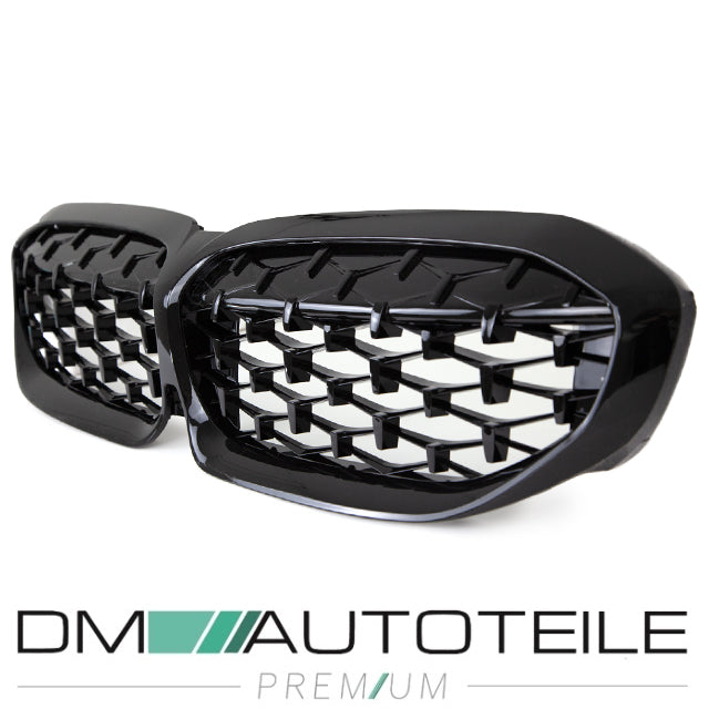 Set Diamant Wabengrill Kühlergril Schwarz Glanz Sport passt für BMW 3er G20 G21