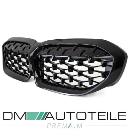Set Diamant Wabengrill Kühlergril Schwarz Glanz Sport passt für BMW 3er G20 G21