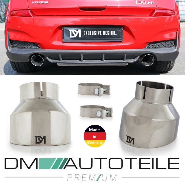 DM Exklusive Design Set Edelstahl Chrom poliert Auspuffblende Ø 114mm+ Verbinder passt für Hyundai I30 N+ABE