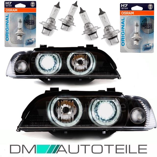 Set Angel Eyes Scheinwerfer Schwarz H7/H7 95-03 + Osram Birnen passt für BMW E39