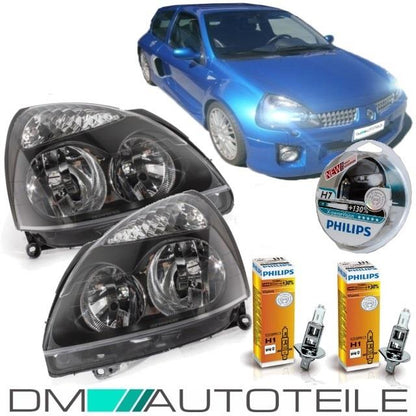 Set Renault Clio II PH2 Scheinwerfer rechts+links Schwarz Bj 01-05 H7/H1 +Philips Birnen Komplett